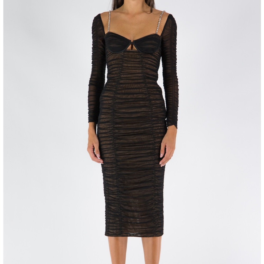 Self-Portrait Black Ruched Midi Dress with Embellished Straps NEW WITH TAG!